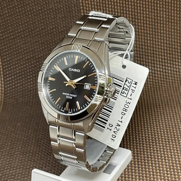 Casio MTP-1308D-1A2 férfi karóra, rozsdamentes acél szíj, fekete számlap, WR50