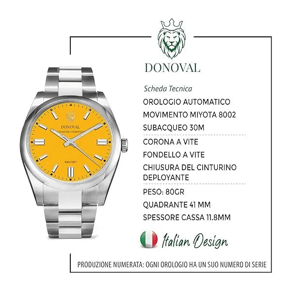 Donoval DL0004 automata karóra, 41 mm, zafírüveg, acélszíj, WR30, sárga számlap