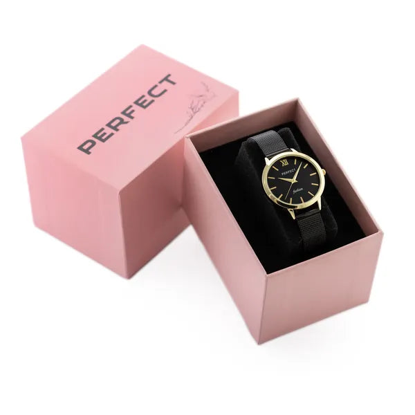 Perfect F202-10 női karóra, fekete-arany, fém szíj, 36 mm, WR30
