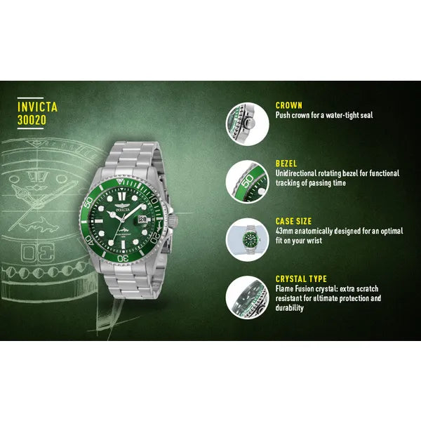 Invicta Pro Diver 30020 férfi karóra, WR100, zöld számlap, acél szíj