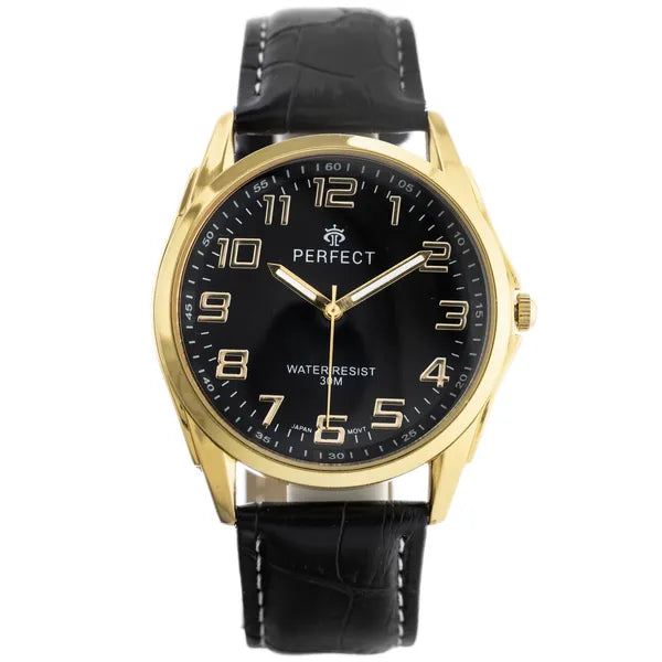 Férfi kvarc karóra, Miyota, 42 mm, fekete számlap, arany tok, bőrszíj, WR30