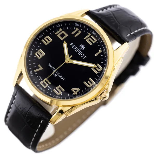Férfi kvarc karóra, Miyota, 42 mm, fekete számlap, arany tok, bőrszíj, WR30