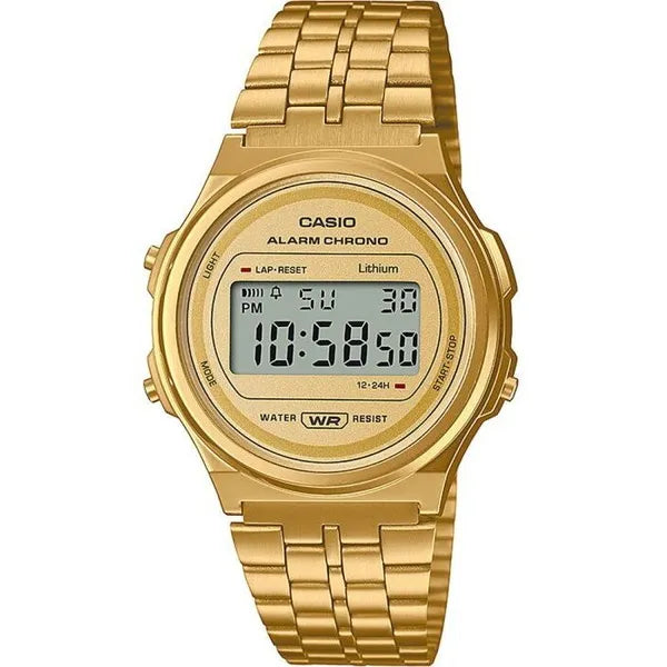 Casio Vintage A171WEG-9ADF női digitális karóra, arany, acél, WR30, díszdobozzal