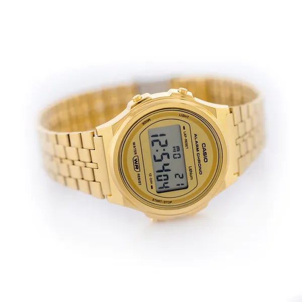 Casio Vintage A171WEG-9ADF női digitális karóra, arany, acél, WR30, díszdobozzal