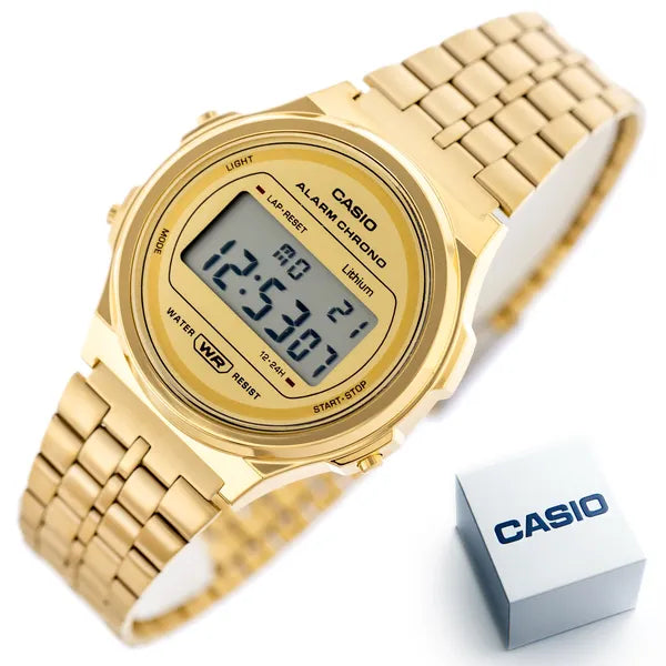 Casio Vintage A171WEG-9ADF női digitális karóra, arany, acél, WR30, díszdobozzal