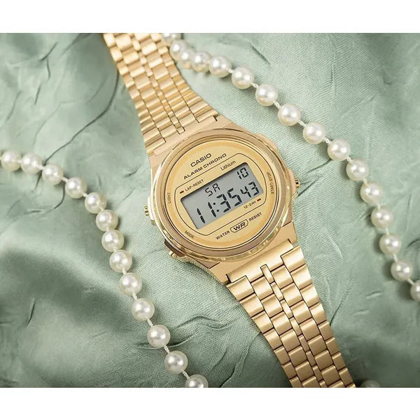 Casio Vintage A171WEG-9ADF női digitális karóra, arany, acél, WR30, díszdobozzal