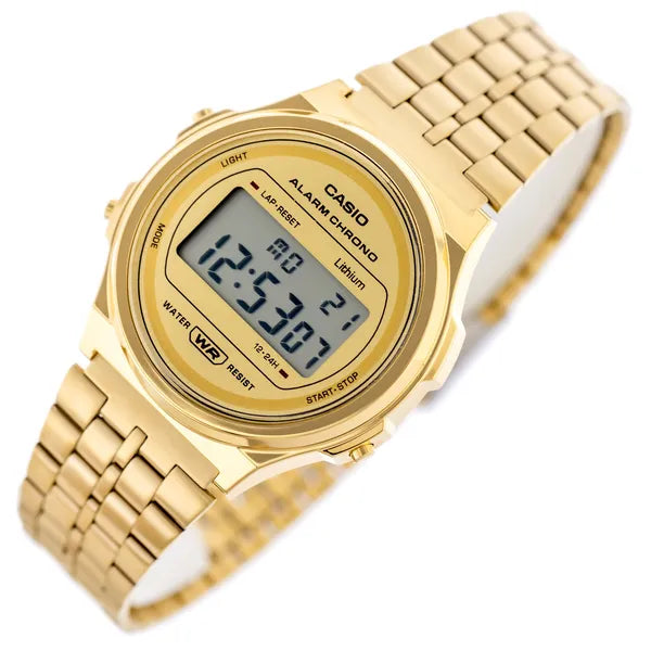 Casio Vintage A171WEG-9ADF női digitális karóra, arany, acél, WR30, díszdobozzal