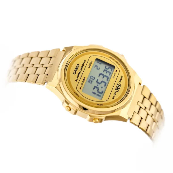 Casio Vintage A171WEG-9ADF női digitális karóra, arany, acél, WR30, díszdobozzal