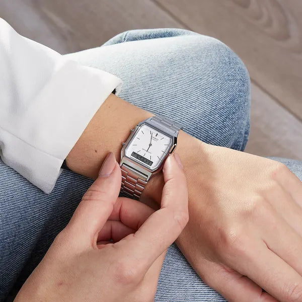 Casio AQ-230A-7DMQ női karóra, ezüst, analóg-digitális, WR30, doboz