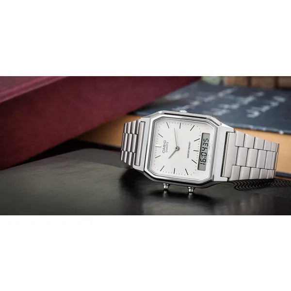 Casio AQ-230A-7DMQ női karóra, ezüst, analóg-digitális, WR30, doboz