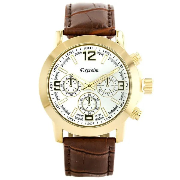 Extreim férfi kvarc karóra, 43 mm, arany tok, fehér számlap, barna bőr
