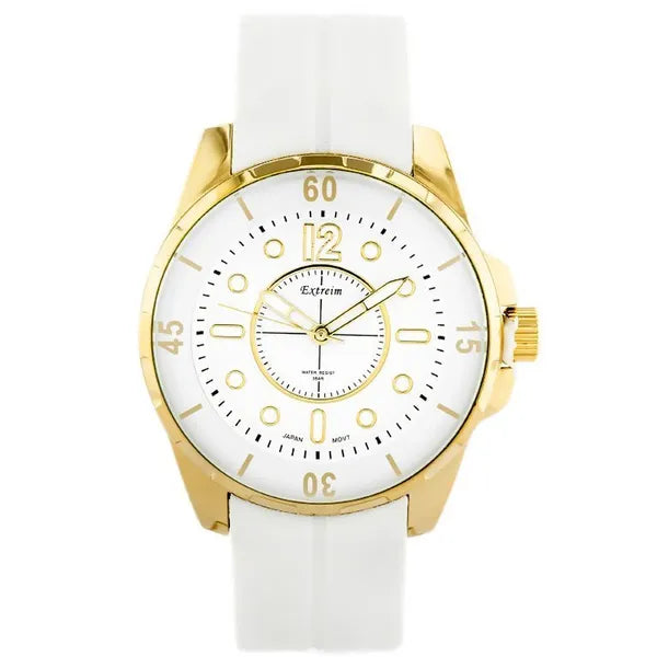 Extreim férfi karóra, kvarc, WR30, fehér gumiszíj, arany tok, 41 mm