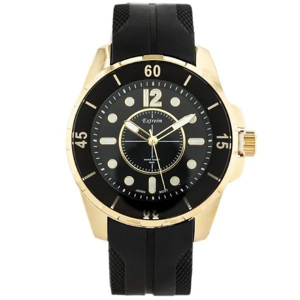 Extreim férfi kvarc karóra, fekete gumi szíj, aranytok, WR30, 41 mm