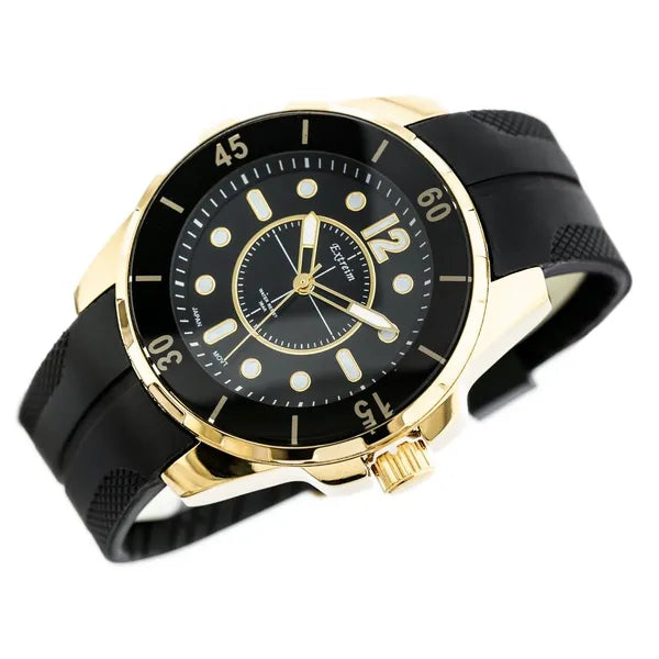 Extreim férfi kvarc karóra, fekete gumi szíj, aranytok, WR30, 41 mm