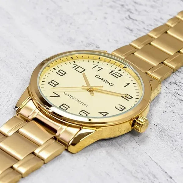 Casio MTP-V001G-9B férfi karóra, arany, 38 mm, acél szíj, WR30, díszdobozzal