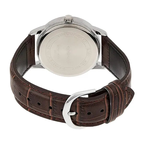 Casio MTP-V002L-7B2 férfi kvarc karóra, 44 mm, ezüst számlap, barna bőrszíj