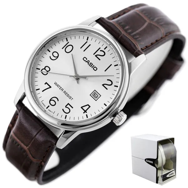 Casio MTP-V002L-7B2 férfi kvarc karóra, 44 mm, ezüst számlap, barna bőrszíj