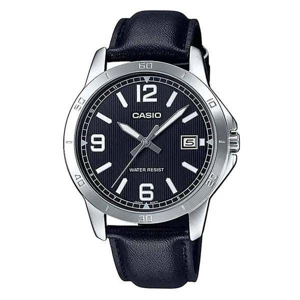 Casio MTP-V004L-1B férfi karóra, fekete bőrszíj, fekete számlap, WR30
