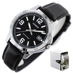 Casio MTP-V004L-1B férfi karóra, fekete bőrszíj, fekete számlap, WR30