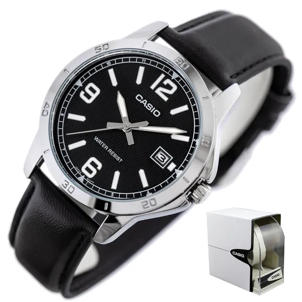 Casio MTP-V004L-1B férfi karóra, fekete bőrszíj, fekete számlap, WR30