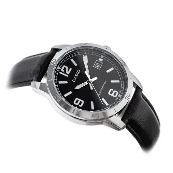 Casio MTP-V004L-1B férfi karóra, fekete bőrszíj, fekete számlap, WR30