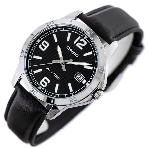 Casio MTP-V004L-1B férfi karóra, fekete bőrszíj, fekete számlap, WR30