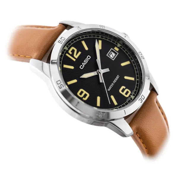 Casio MTP-V004L-1B2 férfi karóra, fekete számlap, barna bőrszíj, dátum, WR30
