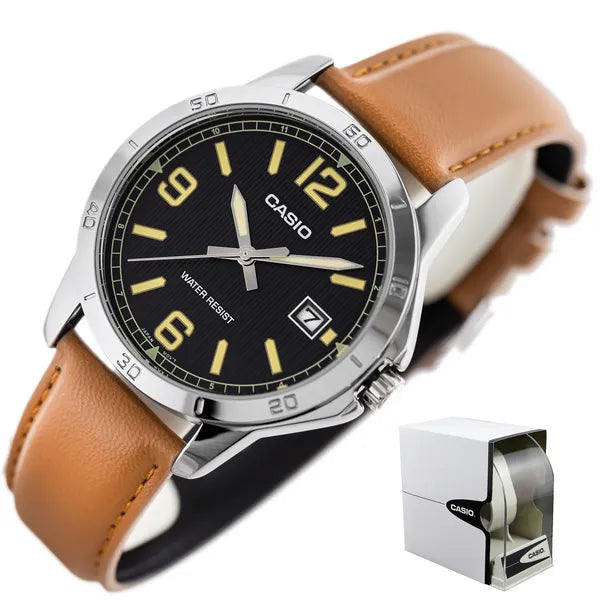 Casio MTP-V004L-1B2 férfi karóra, fekete számlap, barna bőrszíj, dátum, WR30