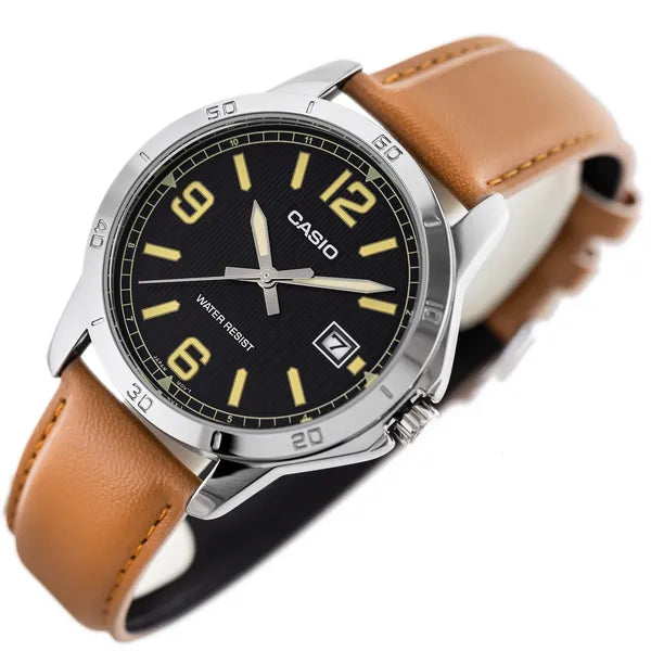 Casio MTP-V004L-1B2 férfi karóra, fekete számlap, barna bőrszíj, dátum, WR30