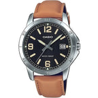 Casio MTP-V004L-1B2 férfi karóra, fekete számlap, barna bőrszíj, dátum, WR30