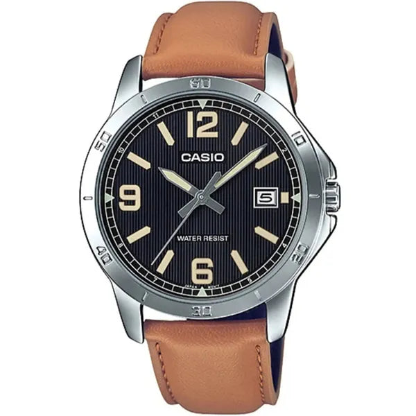 Casio MTP-V004L-1B2 férfi karóra, fekete számlap, barna bőrszíj, dátum, WR30
