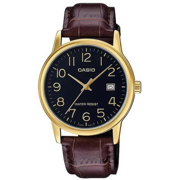 Casio férfi karóra, kvarc, aranyszínű tok, fekete számlap, barna bőrszíj, WR30