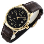 Casio férfi karóra, kvarc, aranyszínű tok, fekete számlap, barna bőrszíj, WR30