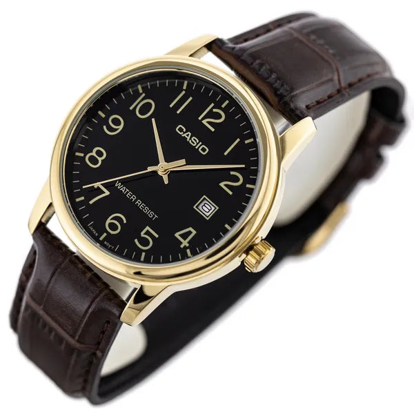 Casio férfi karóra, kvarc, aranyszínű tok, fekete számlap, barna bőrszíj, WR30