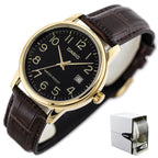 Casio férfi karóra, kvarc, aranyszínű tok, fekete számlap, barna bőrszíj, WR30