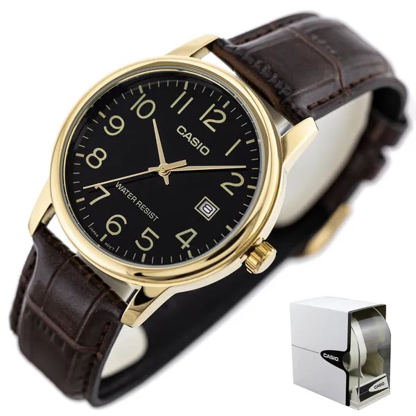 Casio férfi karóra, kvarc, aranyszínű tok, fekete számlap, barna bőrszíj, WR30