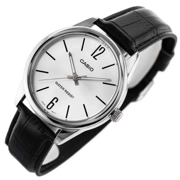 Casio férfi karóra MTP-V005L-7B, fekete bőrszíj, ezüst számlap, WR30, díszdoboz