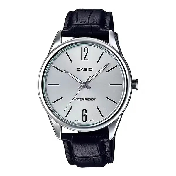 Casio férfi karóra MTP-V005L-7B, fekete bőrszíj, ezüst számlap, WR30, díszdoboz