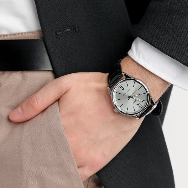 Casio férfi karóra MTP-V005L-7B, fekete bőrszíj, ezüst számlap, WR30, díszdoboz