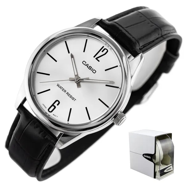Casio férfi karóra MTP-V005L-7B, fekete bőrszíj, ezüst számlap, WR30, díszdoboz