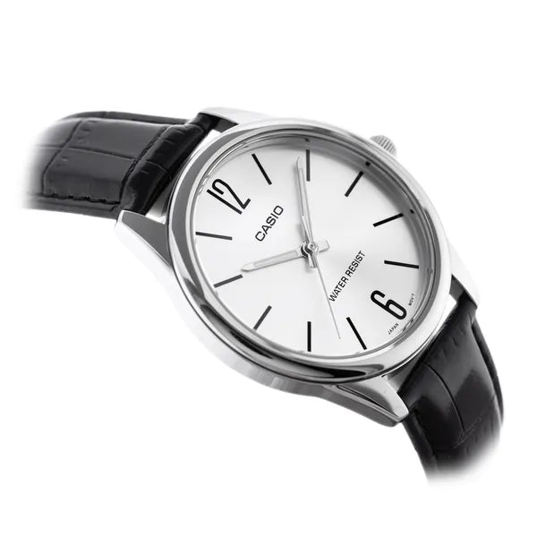 Casio férfi karóra MTP-V005L-7B, fekete bőrszíj, ezüst számlap, WR30, díszdoboz