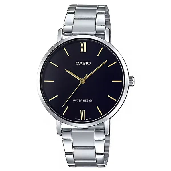 Casio női karóra LTP-VT01D-1B, ezüst acél szíj, fekete számlap, 40 mm, kvarc