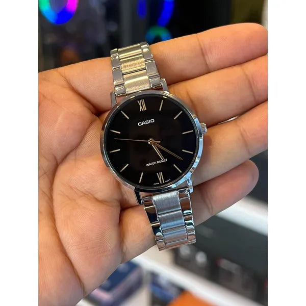 Casio női karóra LTP-VT01D-1B, ezüst acél szíj, fekete számlap, 40 mm, kvarc