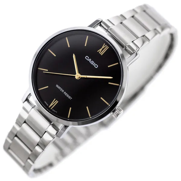 Casio női karóra LTP-VT01D-1B, ezüst acél szíj, fekete számlap, 40 mm, kvarc