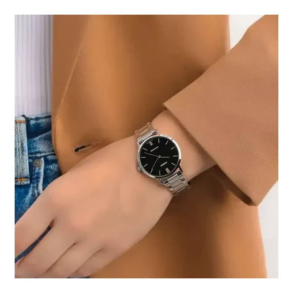 Casio női karóra LTP-VT01D-1B, ezüst acél szíj, fekete számlap, 40 mm, kvarc