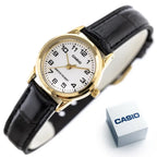 Casio LTP-V001GL-7B női karóra, arany tok, fekete bőr szíj, WR30, 24 mm
