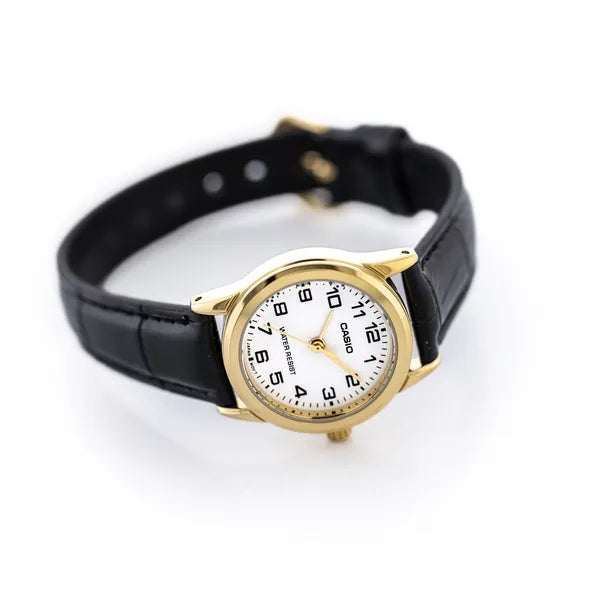 Casio LTP-V001GL-7B női karóra, arany tok, fekete bőr szíj, WR30, 24 mm