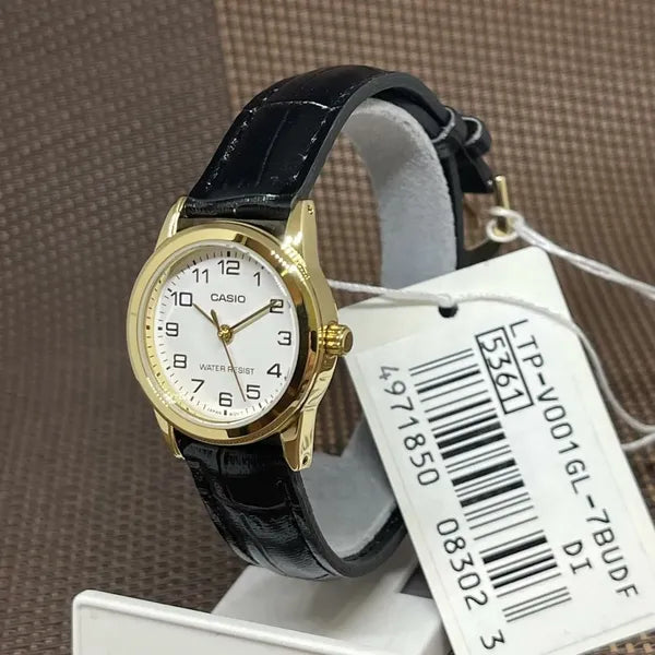 Casio LTP-V001GL-7B női karóra, arany tok, fekete bőr szíj, WR30, 24 mm