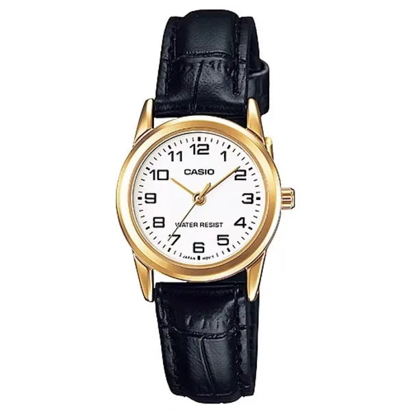 Casio LTP-V001GL-7B női karóra, arany tok, fekete bőr szíj, WR30, 24 mm