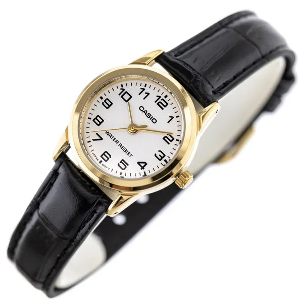 Casio LTP-V001GL-7B női karóra, arany tok, fekete bőr szíj, WR30, 24 mm